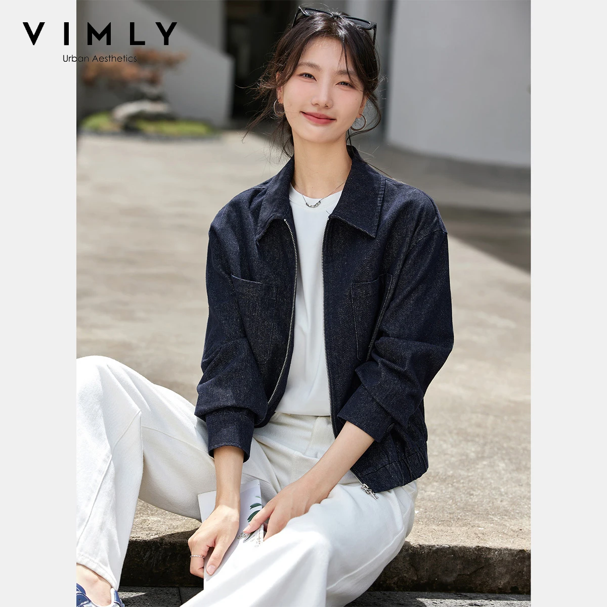 

VIMLY Women's Denim Jacket Turn-down Neck Vintage Autumn 2025 Long Sleeve Zip Up New in Coats & Jackets Pleated Hem Tops A2231