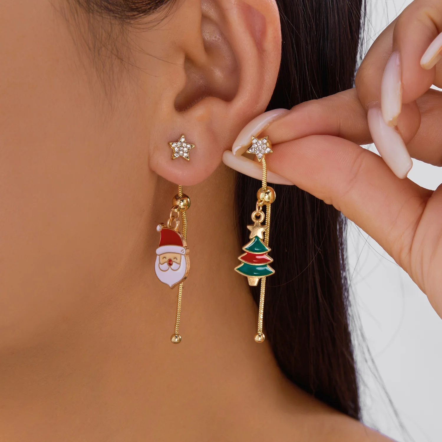 

Movable Asymmetric Santa Claus Christmas Tree Snowman Long Tassel Drop Star Stud Earrings for Women Xmas Party Jewelry