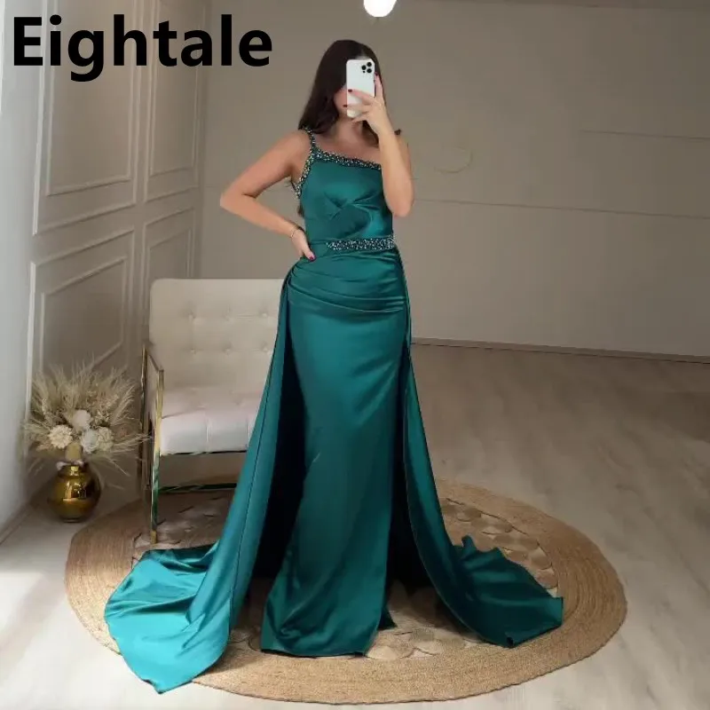 

Eightale Emerald Green Mermaid Evening Dress Long Luxury 2022 Beaded One Shoulder Prom Dress Waist Train Formal Party Gown