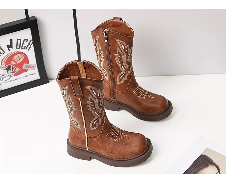 Western-Cowboy-Stiefel für Mädchen, kniehoch, Vintage-Look, aus strapaziertem PU-Leder mit Stickereimuster, modische Stiefel mit niedrigem Absatz für Herbstmode. – Detail 3