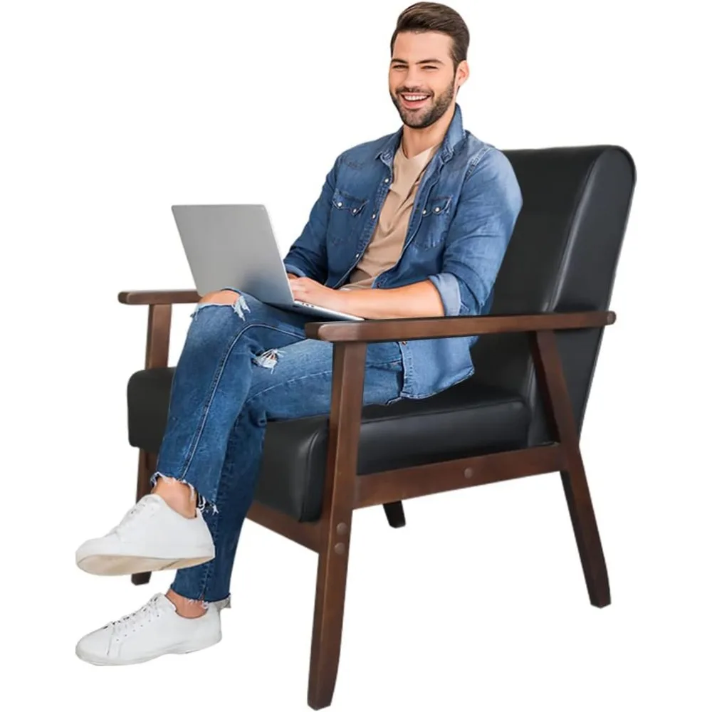 طقم أريكة جلدية مكون من كرسيين مميزين ومقعد واحد من الجلد الصناعي الأسود بمقعدين أريكة مكتب حديثة لمنتصف القرن