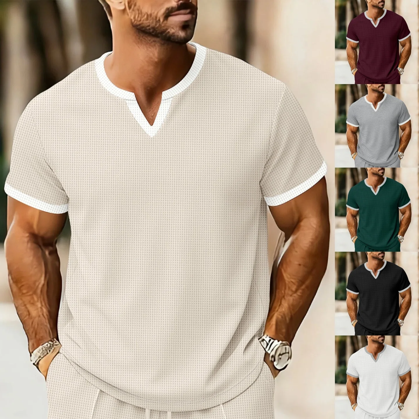 

Summer men's best-selling waffle fabric, fashionable and casual loose and comfortable breathable short-sleeved clothing.