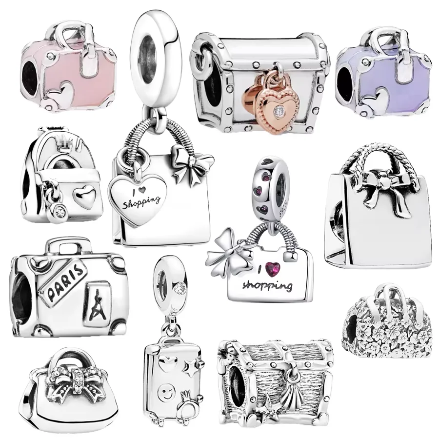 DIY Charms Jewelry Fit Original 925 Sterling Silver Bracelet Pink Purple Adventure Suitcase Shopping Bag Backpack Beads