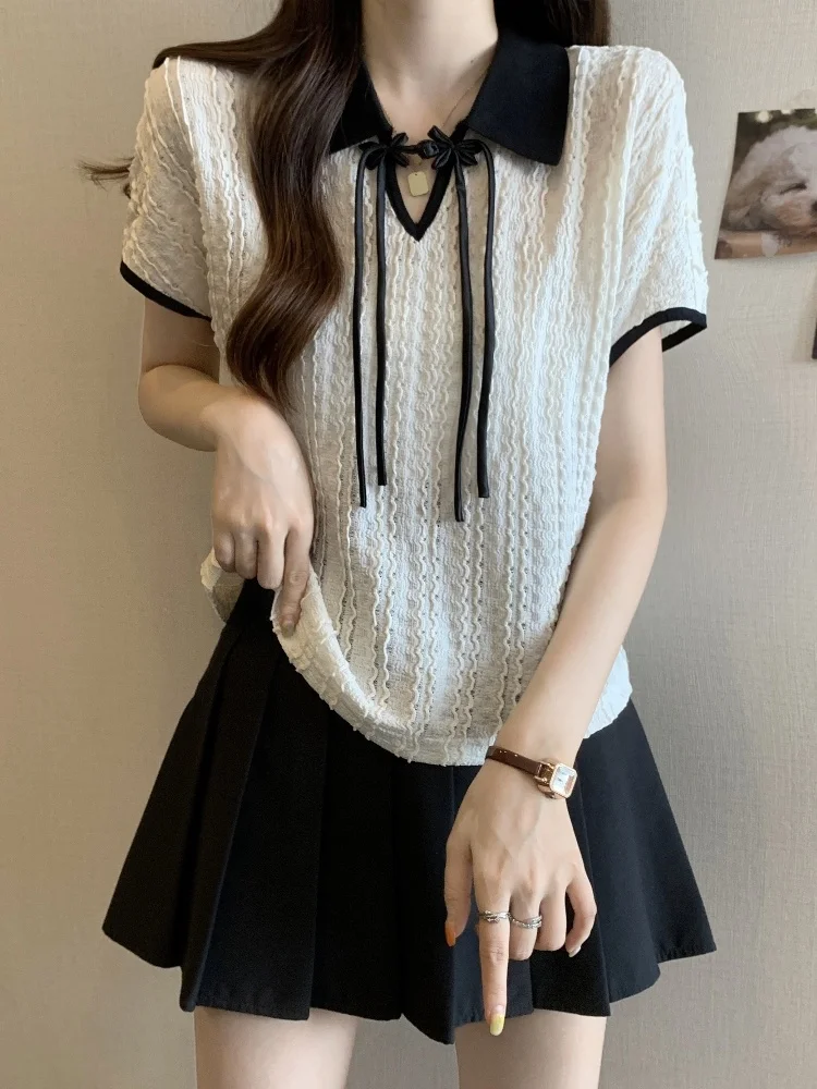 Slimming V-Neck Short Sleeve  Shirt Women's Summer Fashionable Chinese Style Top Beautiful Small Shirt Baby Skin Color
