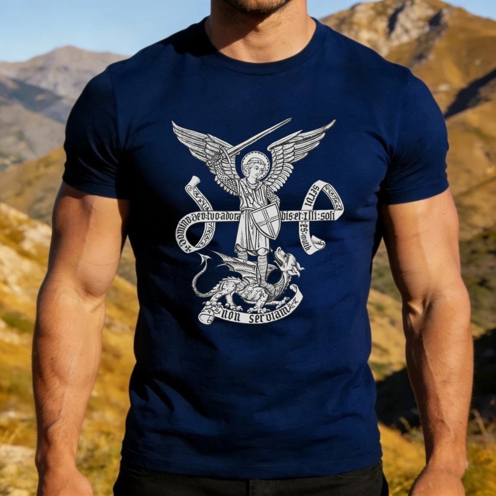 St Michael Archangel Non Serviam Graphic Shirt Medieval Engraving Style Men T-shirt Christian Faith Medieval Culture Lover Tee