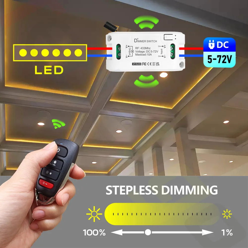 Tedeligo 433MHz DC 6V 12V 24V 72V Smart Dimmer Switch luminosità della luce modulo Controller regolabile lampadina a LED interruttore dimmerabile