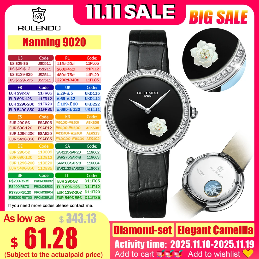 

ROLENDO Women Diamond Automatic mechanical Watch Floral 35mm Sapphire Crystal Italian Leather Strap 50m Water Resistant Elegant