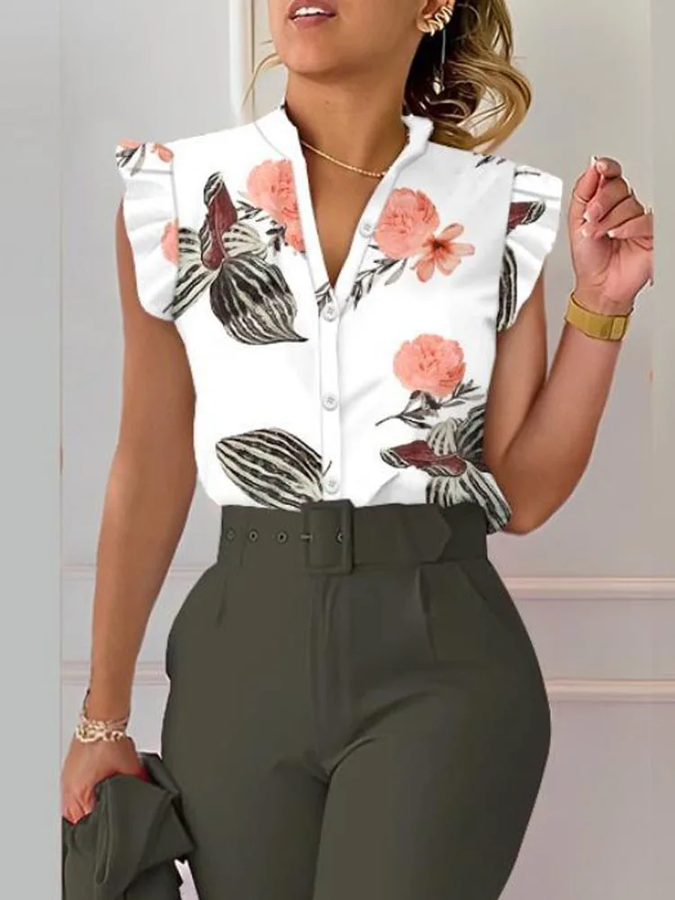 Camisa estampada floral casual com gola V para mulheres, blusa de escritório elegante de manga curta, top de botão pétala, moda verão 2024