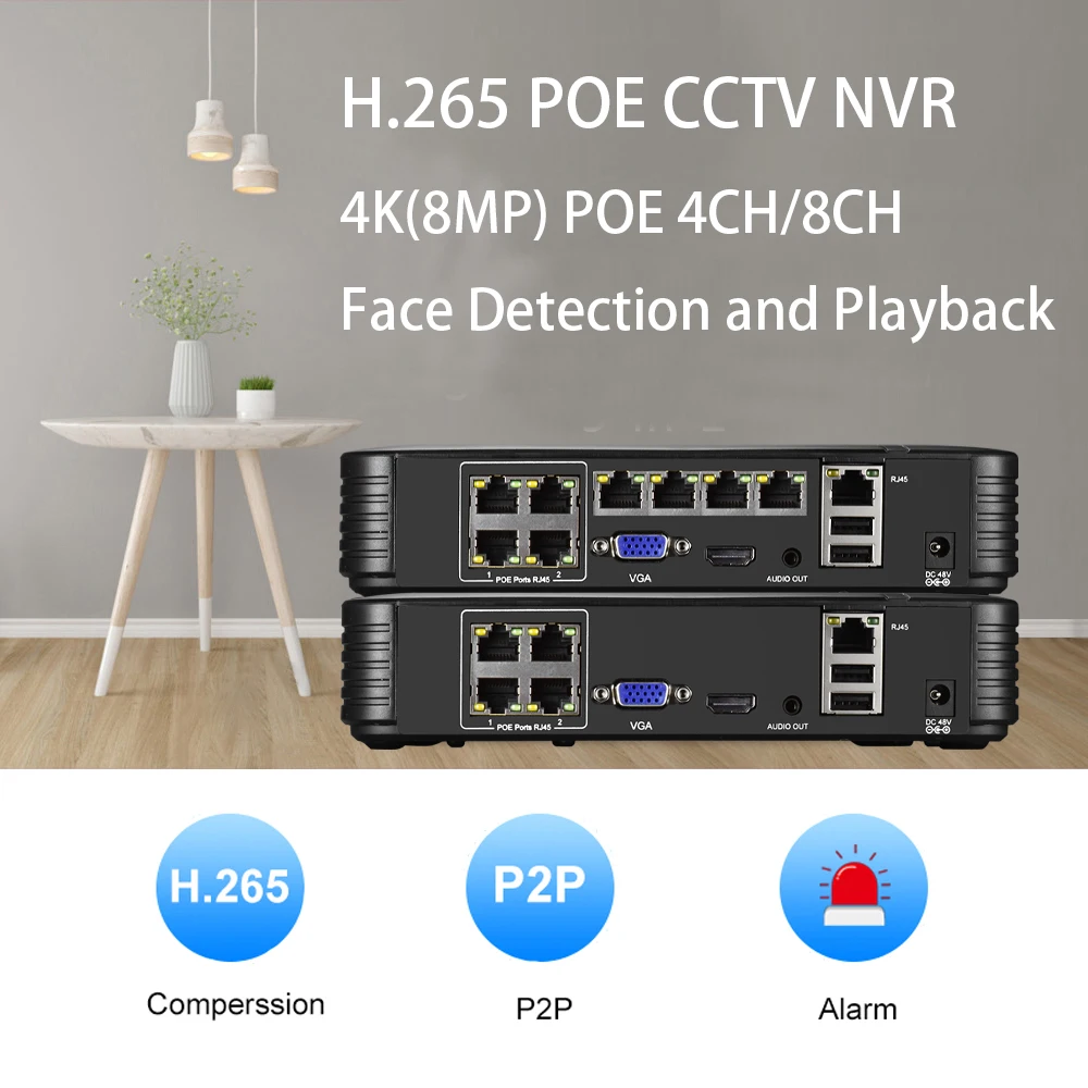 

Super 8MP 4K POE NVR H.265 4CH/8CH Video Recorder for IP Camera Face Detection P2P Network Security Surveillance Camera XMeye