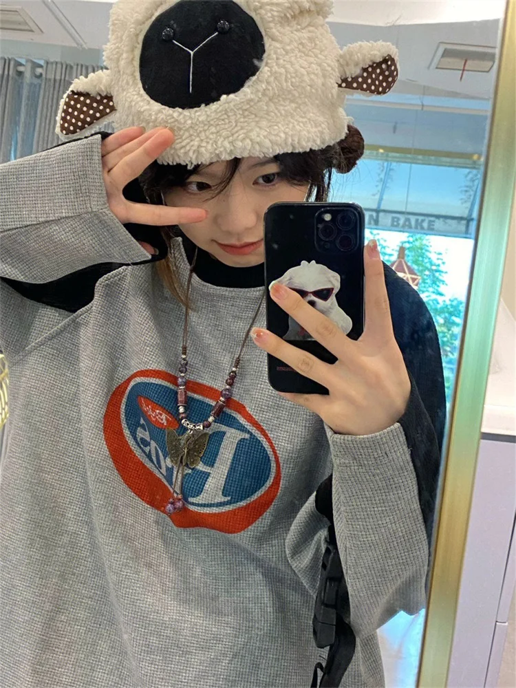 QWEEK Streetwear 90s Long Sleeve T Shirt Women Vintage Harajuku Gray Pullover Sweatshirts Oversized Retro Patchwork Print Tees