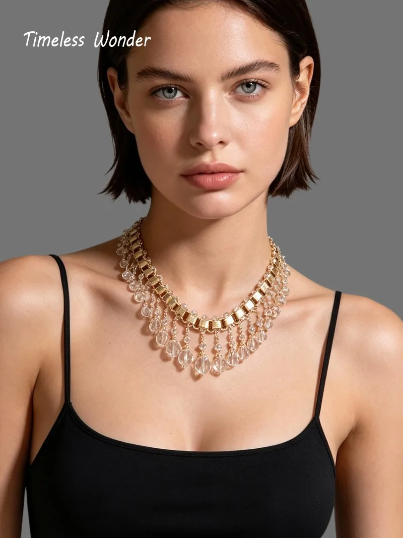 Timeless Wonder Fancy Crystal Geo Beaded Tassel Necklace for Women Designer Jewelry Goth Runway Trendy Art Deco Vintage 4526