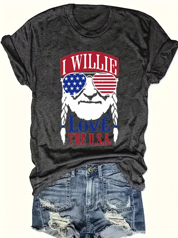 I Willie Love The Usa Slogan Women T-shirt Someone Wearing Sunglasses with The American Flag on Them Print Independence Day Tee