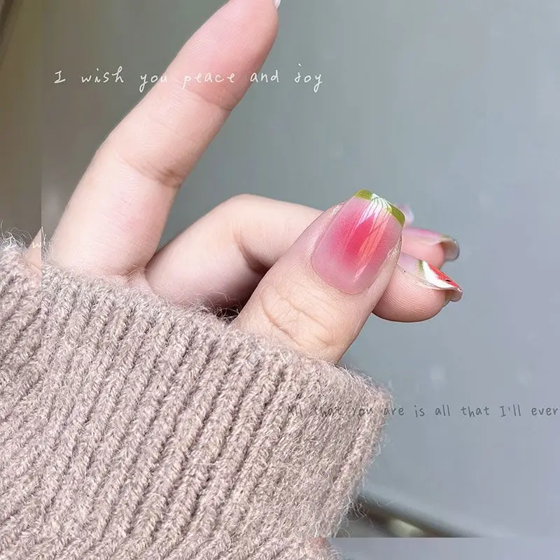 10 قطعة الأظافر وهمية الوردي الصيف مع الغراء لطيف البطيخ الصحافة الاصطناعية على الأظافر قصيرة اليدوية امرأة قابلة لإعادة الاستخدام الأظافر كاذبة نصائح