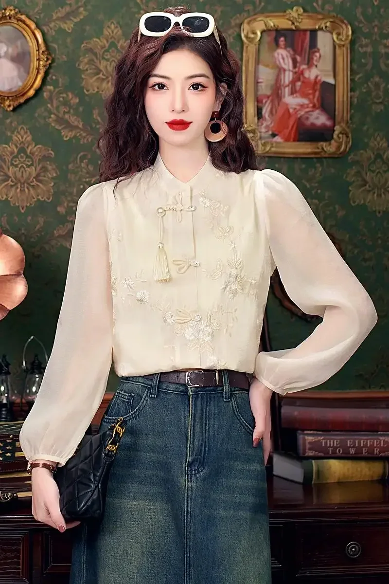 Fashion Chinese Style Embroidery Chiffon Women Shirt Blouse Tops Blusas Mujer De Moda 2024 Long Sleeve Blouse Women blusa H523