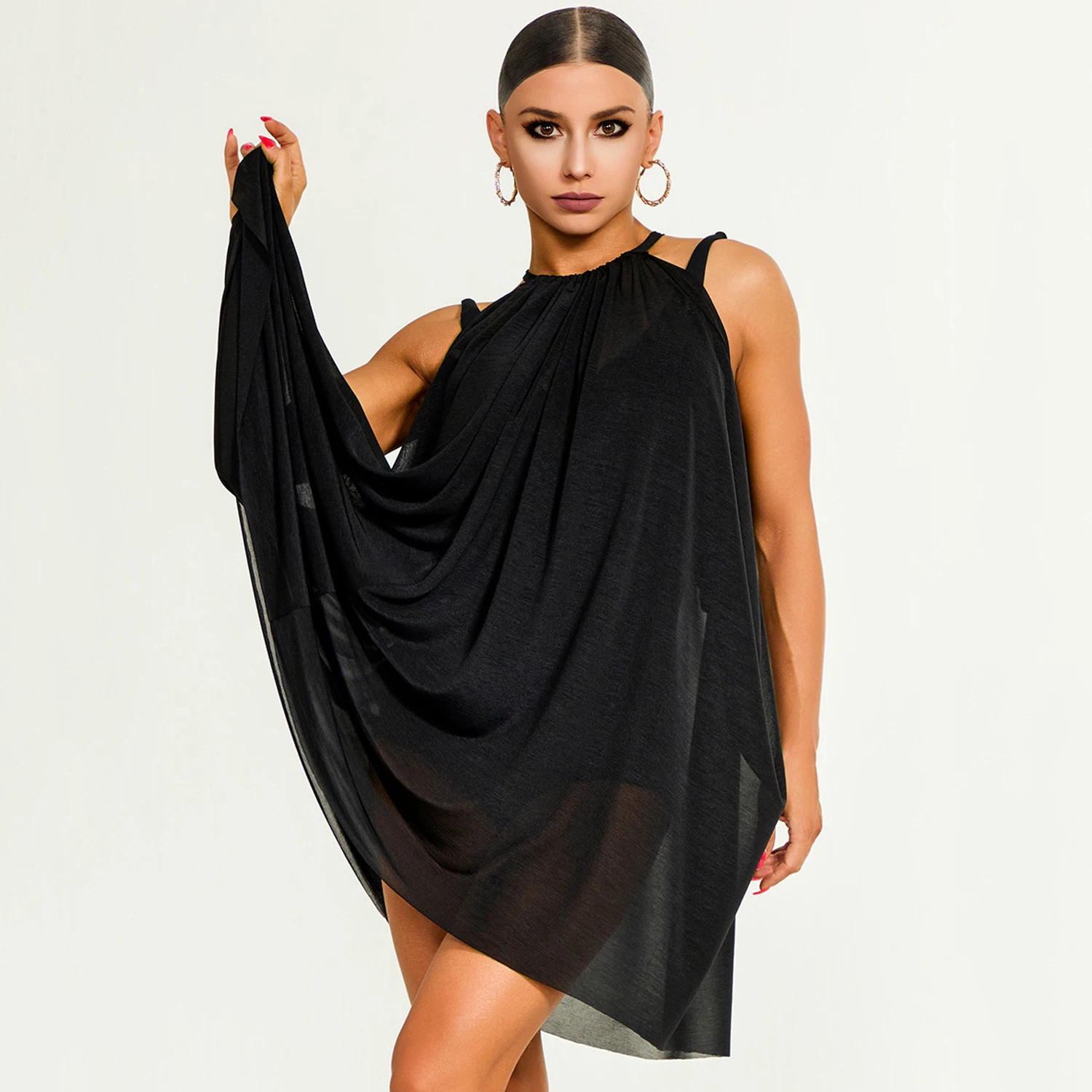 

Новое черное платье с бретелькой на шее, женская одежда для латинских танцев, свободное сексуальное платье для танцев румбы, самбы, сальсы, клубная праздничная одежда DNV22270