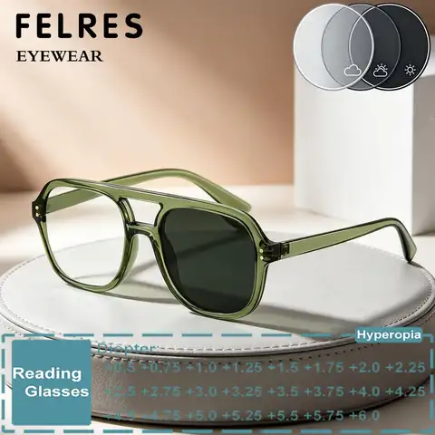 Focus Single Prescription Readers Double Bridge Square Photochromic Reading Glasses Men Women Sun Discolour Presbyopic Eyewear Single Focus Prescription Readers