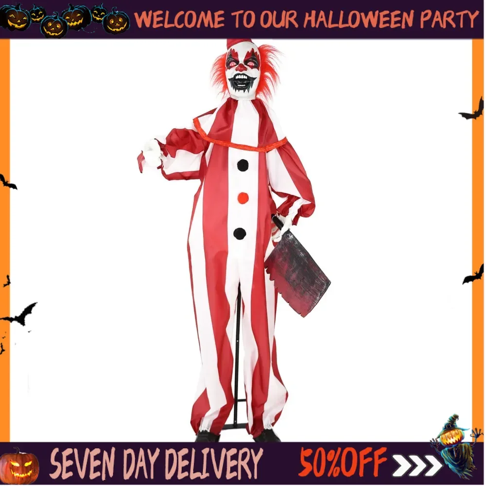 Halloween Lifesize Animatronic Scary Talking Clown Holding Knife with Touch Activated Lights and Sound, Battery-Operated Indoor