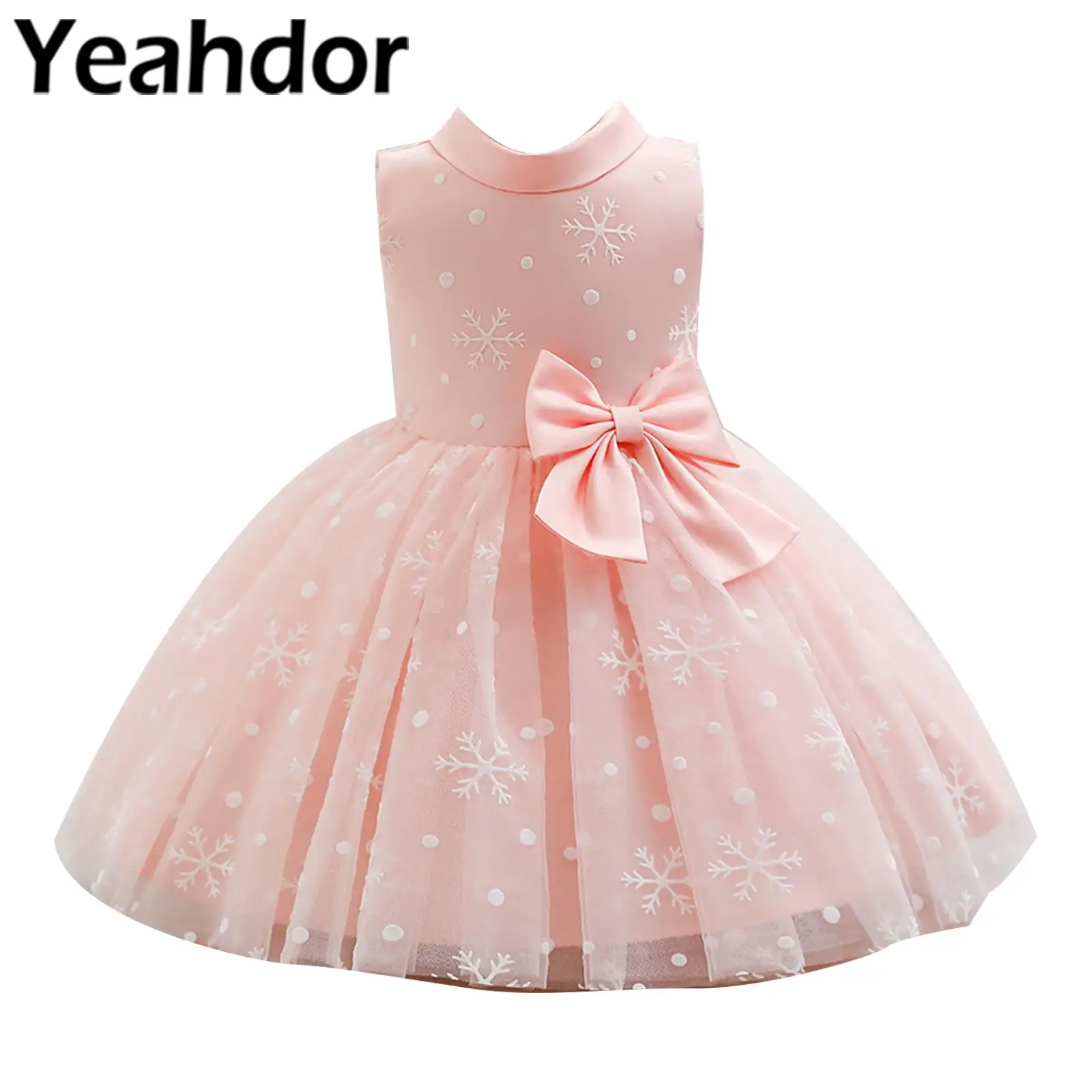 Baby Girls Birthday Princess Dress Sweet Ball Gown Snowflake Bowknot Tutu Mesh Christening Dress Toddle Kid Wedding Party Dress