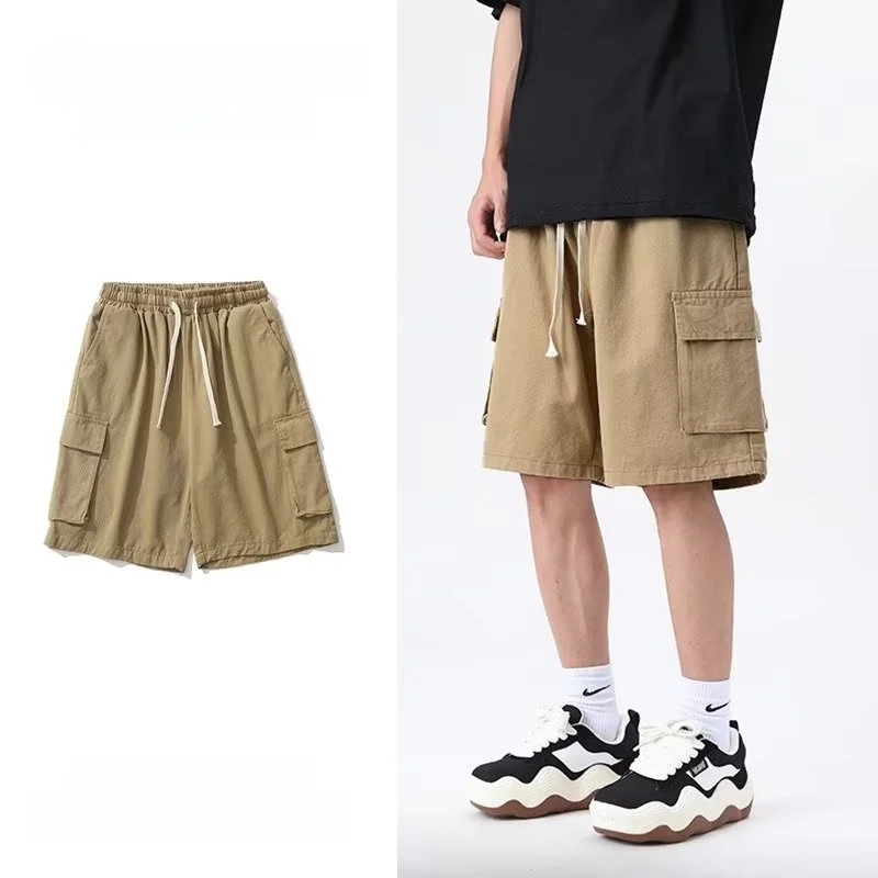 

Khaki Pure Cotton Workwear orts Men's Trendy Summer American Casual Pants Big ket Large Size Five-Quarter Length