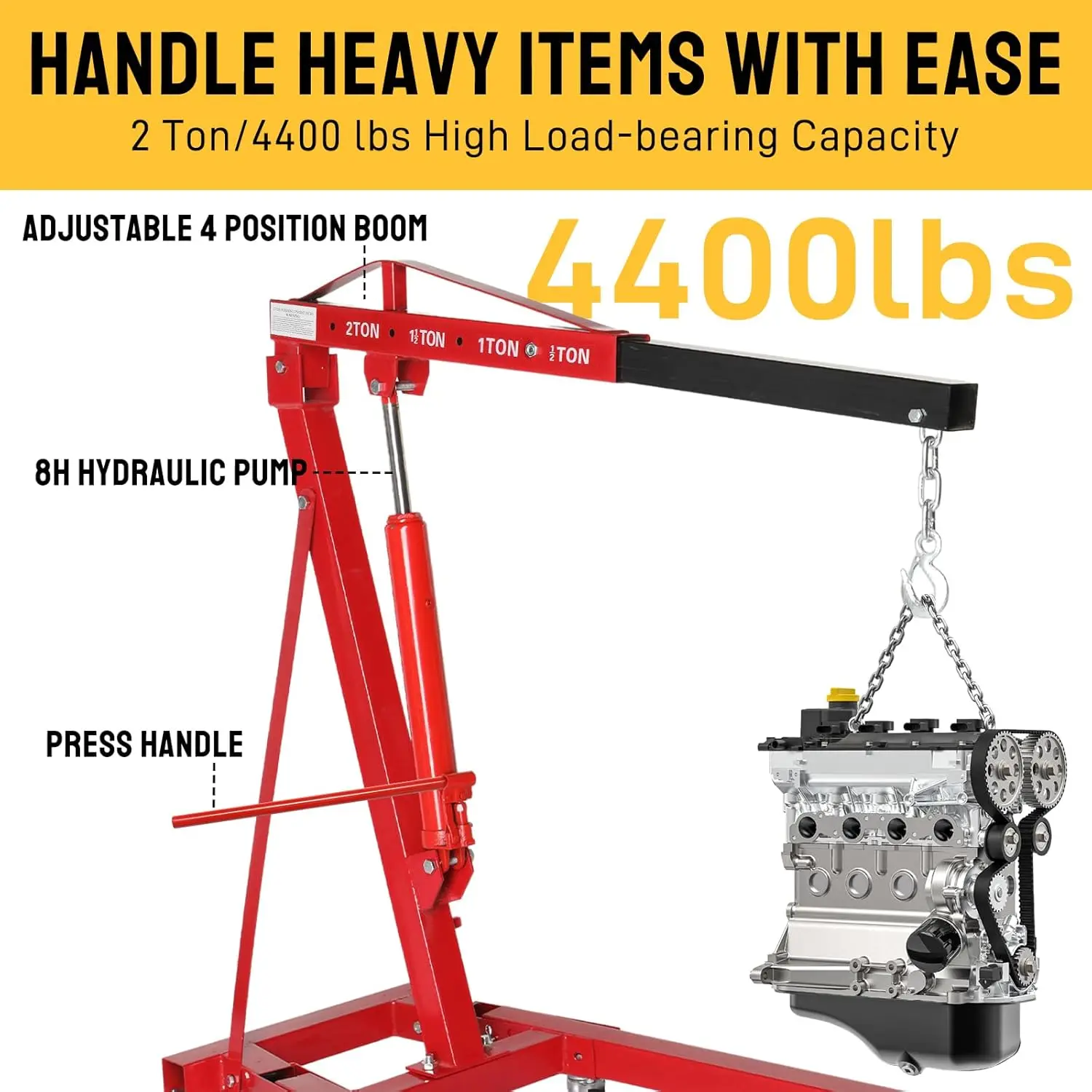 Engine Hoist 2 TON Folding Hydraulic Engine Motor Hoist Cherry Picker Shop Cranes Lift Red Shop Crane 4000 lb Heavy-Duty