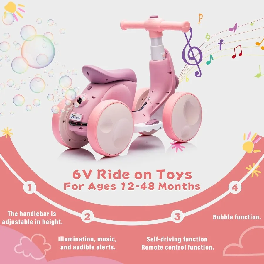 Bicicleta de equilibrio eléctrica para bebés de 6 V con máquina de burbujas Bicicleta de equilibrio para niños pequeños 4 en 1 con control remoto para niños de 1 año Niñas Bicicleta de burbujas Rid
