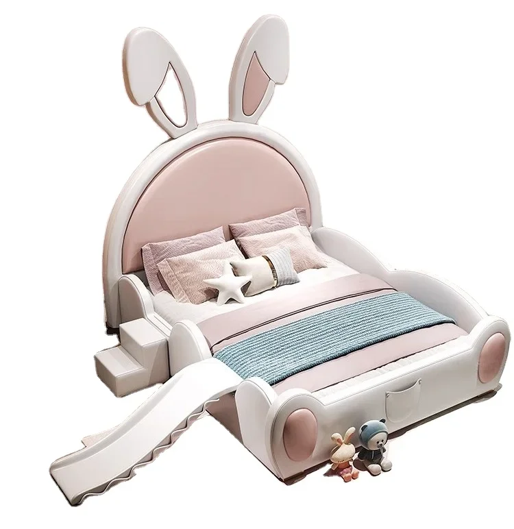 Kiddie Bed Girl Cartoon Bunny Bunny Ears Girl Solid Wood Princess Bed With Slide Children's Furniture