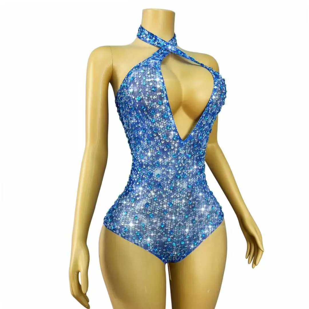 Nightclub Party Disco Halter Deep V-neck Leotard Women Blue Mesh Print Sleeveless Crystal Bodysuit DJ Dancer Performance Costume