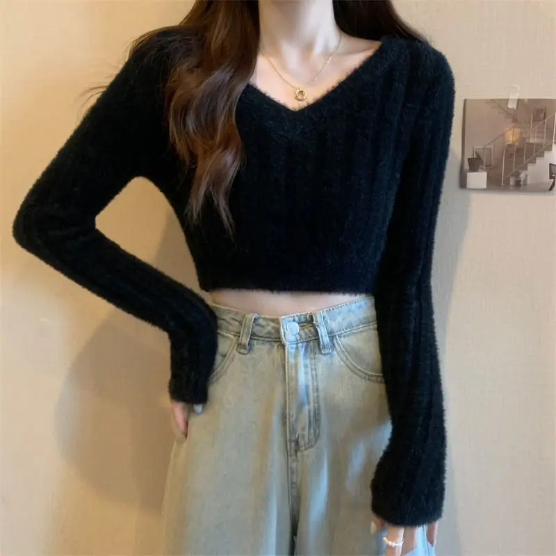 V-neck Pullovers Women Slim Fluffy Autumn New Basic Korean-style Solid Simple Office Ladies Crop Tops Vintage Gentle Trendy Cozy