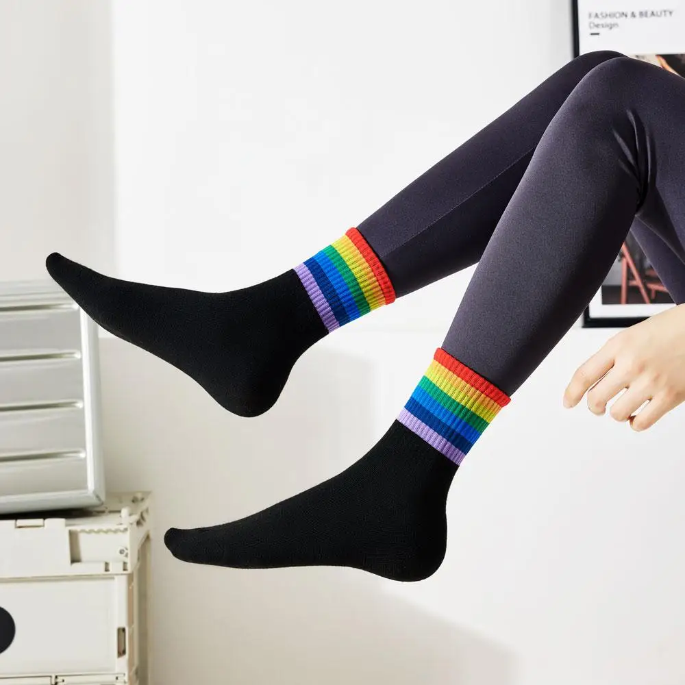 5 Pair Women Rainbow Socks Cotton Cute Striped White Socks Japanese Harajuku Funny Socks Kawaii