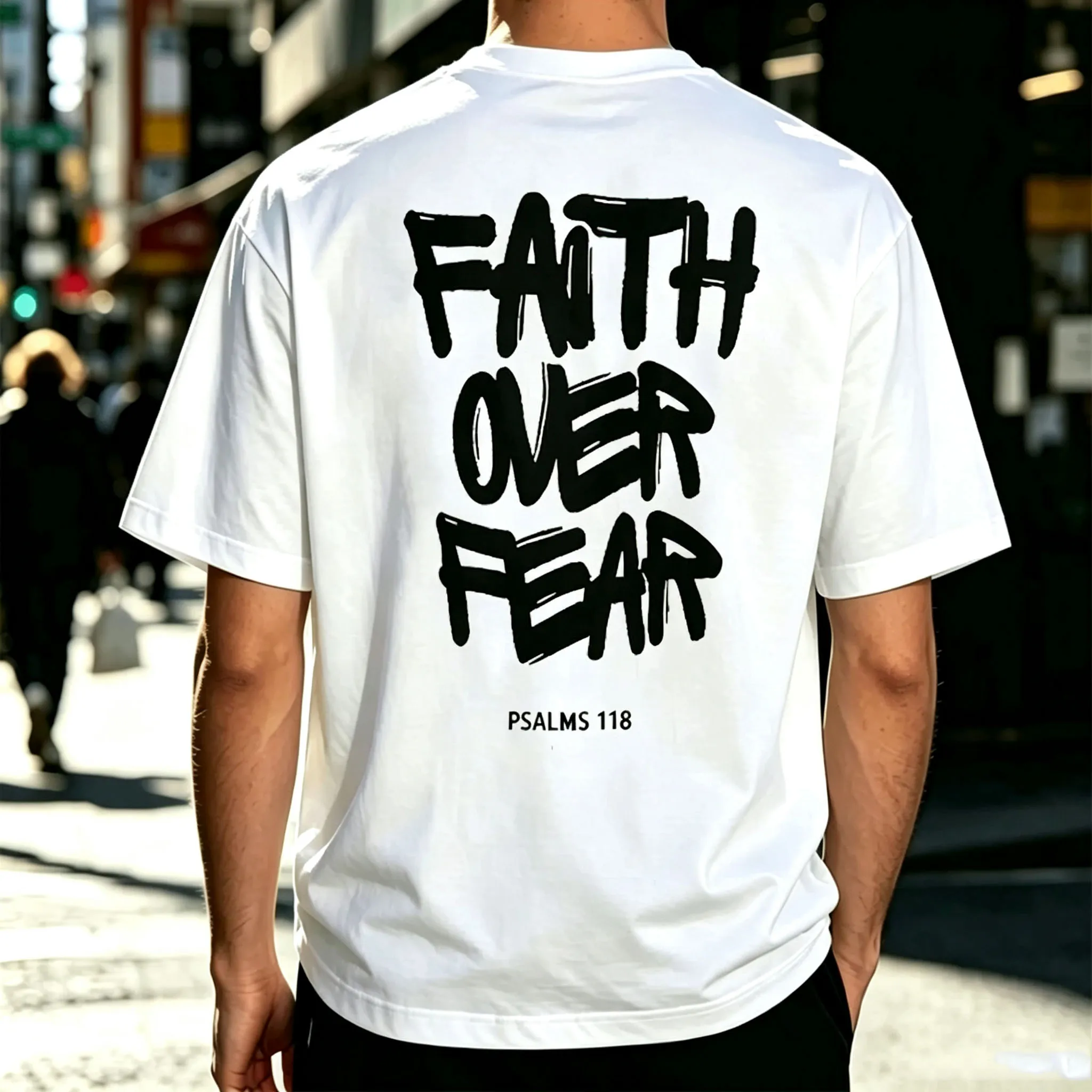 Men Oversized T‑Shirts FAITH OVER FEAR Letter Tees PSALMS 118 Casual Streetwear Loose Short Sleeve Cotton Top For Men Sportswear