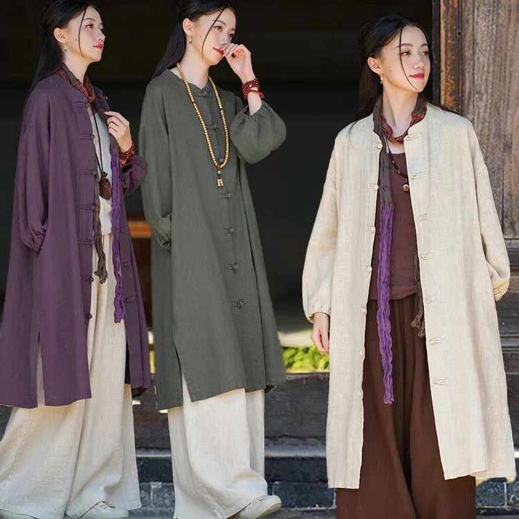 

Chic Zen-Inspired Pure Color Linen Long irt Jaet plus Size Women's Casual Open Cardigan Top Retro Sle Loose Fit