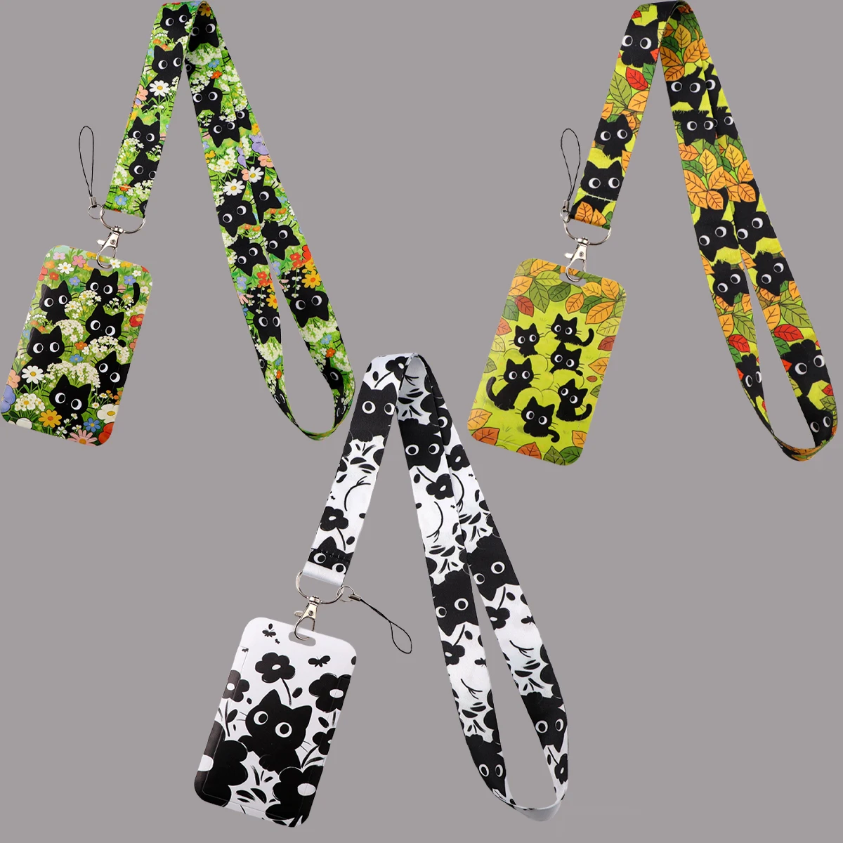 

Cute Black Cat Floral & Leaf Pattern Lanyard Neck Strap Keychain ID Card Cover Badge Holder Mobile Phone Hang Rope Keyring