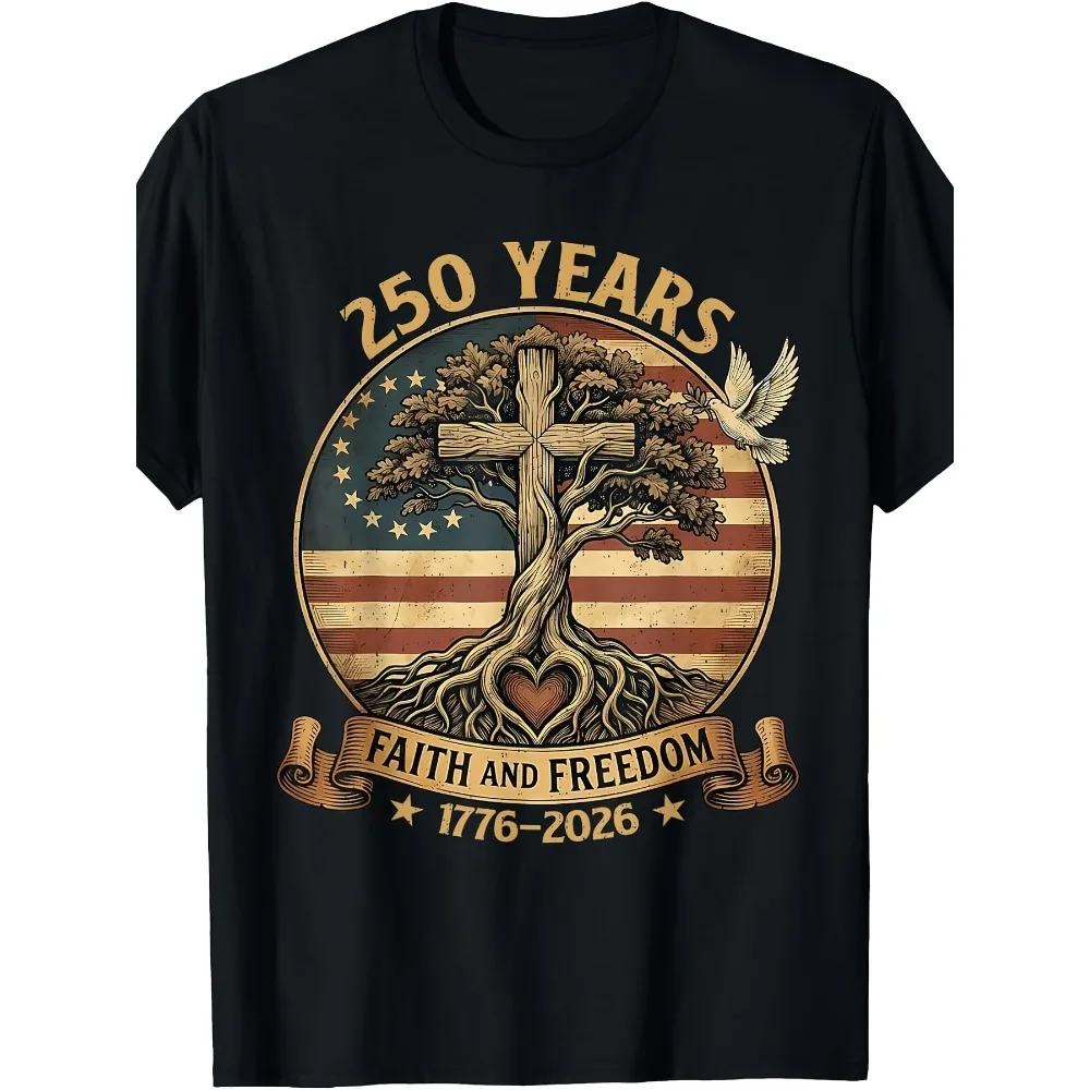 250 Years Faith and Freedom Christian USA 250th Anniversary T-Shirt | Casual Wear, Vintage Style, Crew Neck, Regular Fit,
