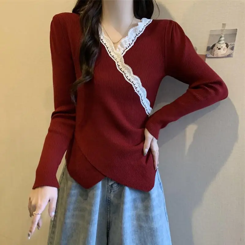 

Lace Spliced Slim Pullovers Fashion Irregular Spring Autumn V-Neck Women's Clothing Long Sleeve Casual Basic Solid Color T-shirt