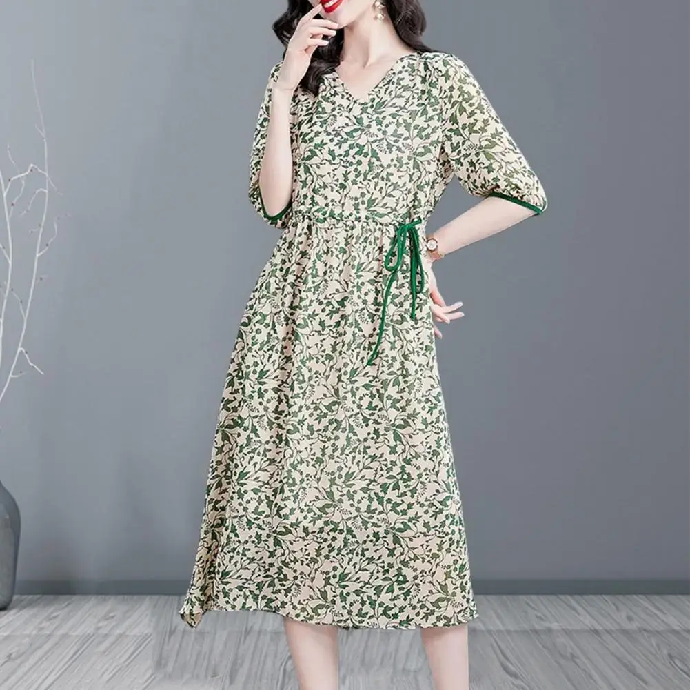 Summer Dress Elegant Women's Floral Print A-line Midi Dress with V-neck Drawstring Waist Casual Streetwear Flowy Hem Look