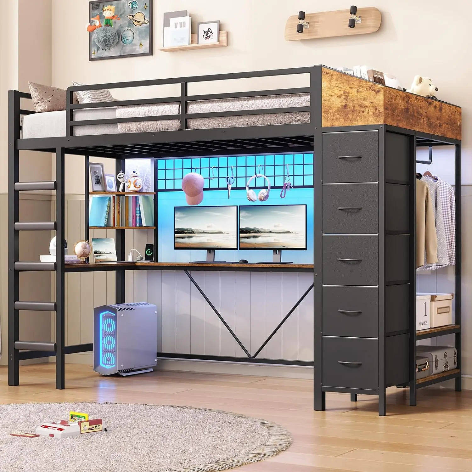 MSmask Loft Bed with L-Shaped Desk and 5 Storage Drawers, Metal Loft Bed with Charging Station and LED Lights, Hall Tree, Twin S