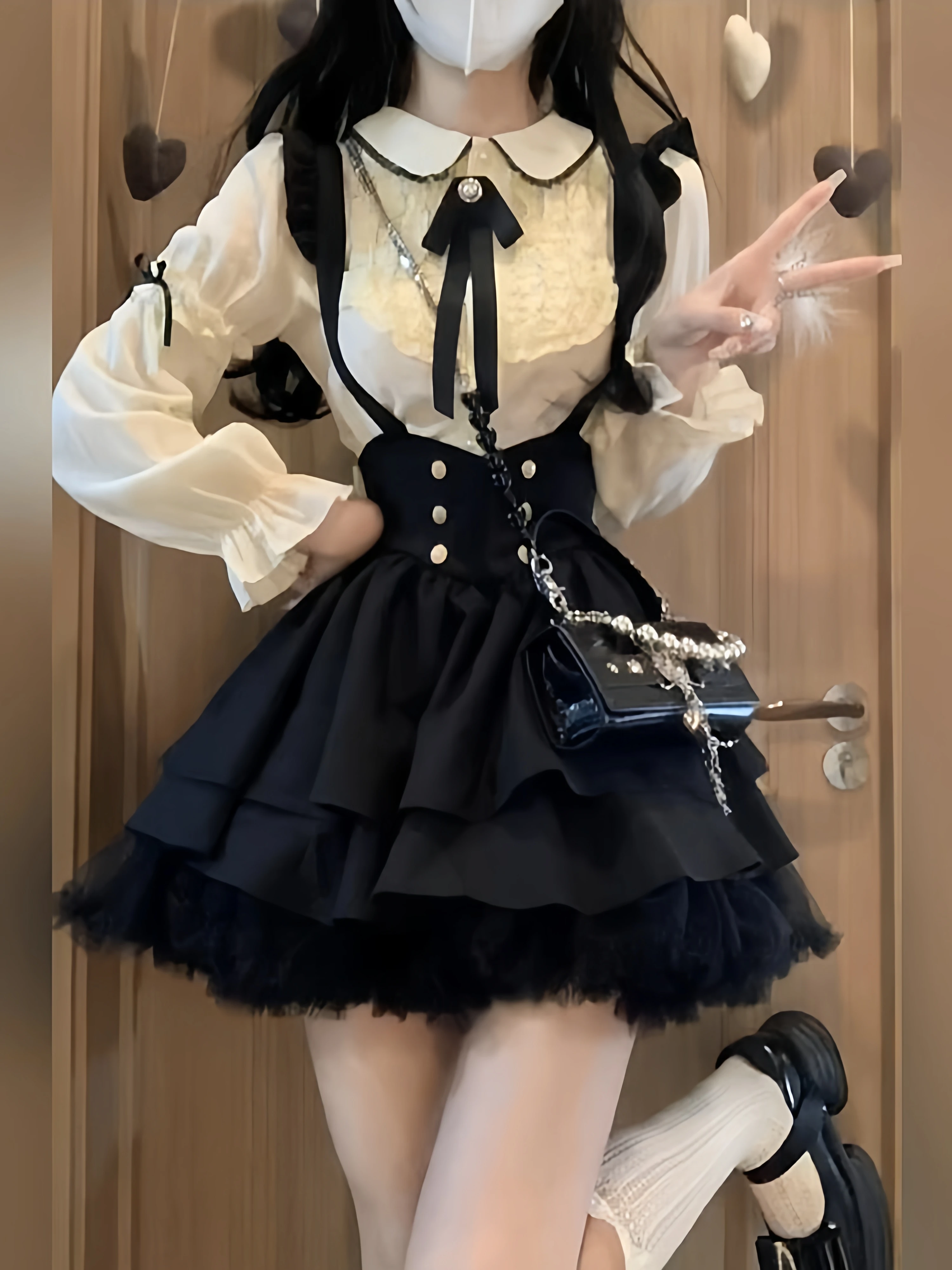 

Princess Style Long Sleeve Shirt And Puffy Skirt Set Sweet College Fashion Women's Two-Piece Suit Knot Doll Collar