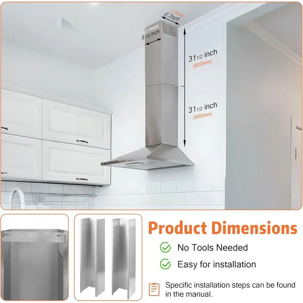 レンジフード用煙突延長パイプ 1/4 x 6.7 x 63インチ、31.5-63インチ ステンレス鋼煙突ダクト 調整可能なカバー 天井用、換気口延長