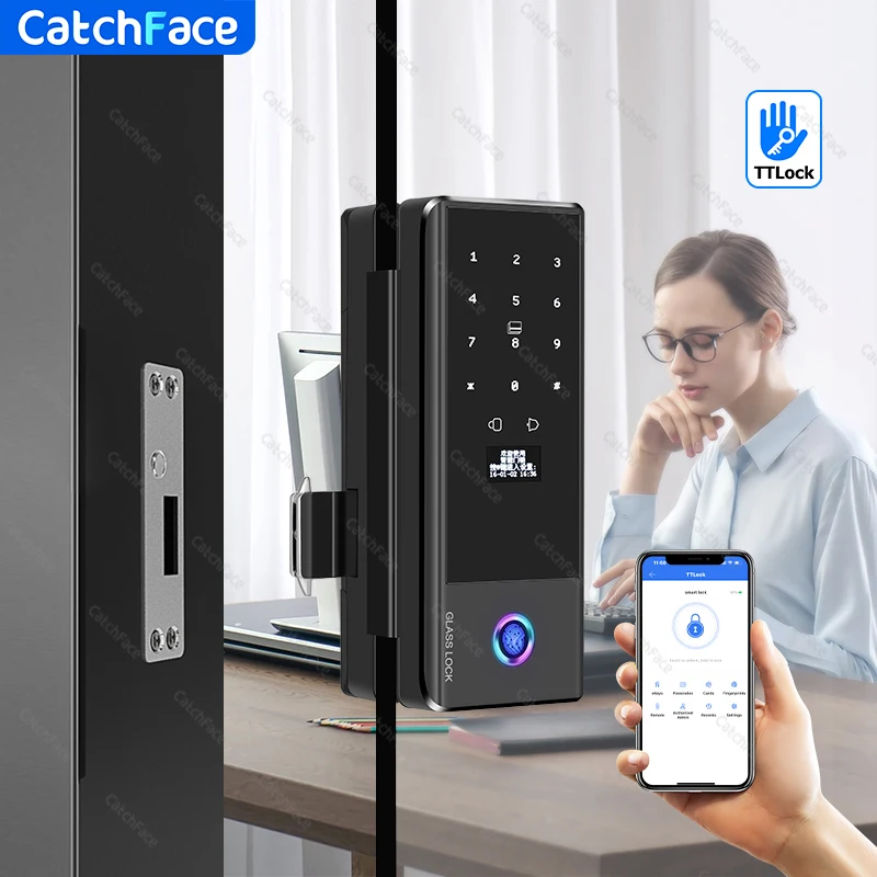 TTlock APP Fingerprint Smart  lock   WiFi remote control with IC card password for frameless glass door push or sliding door