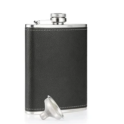 LMETJMA 8 Oz Hip Flask Black Leather Flask Stainless Steel Soft Touch Leather Wrap Flask with 1 Funnel Whiskey Rum Flask KC0465