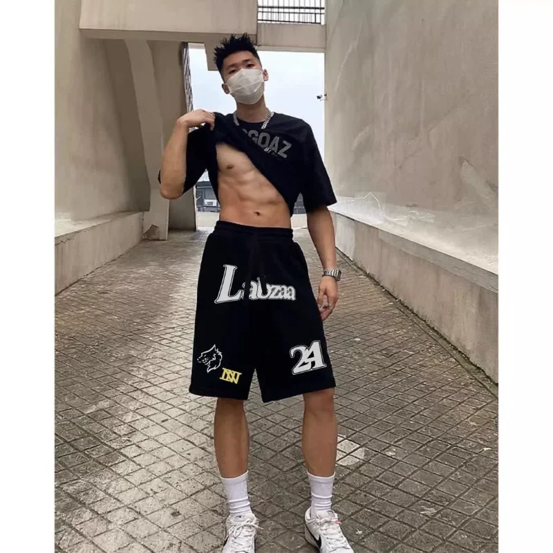 

Американские персонализированные шорты с буквенным принтом, мужские летние уличные свободные повседневные прямые брюки с пятью точками на шнурке