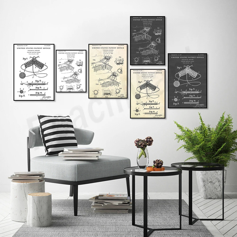 Knitting accessories 1950, flexible knitting needle patent, knitting invention poster, sewing, knitting blueprint art
