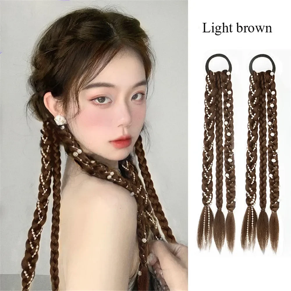 Korean Wig Braid Boxing Braid Wig Female Ponytail Natural Pearl Hot Girl Twist Long Braids Double Ponytail Wig Braids