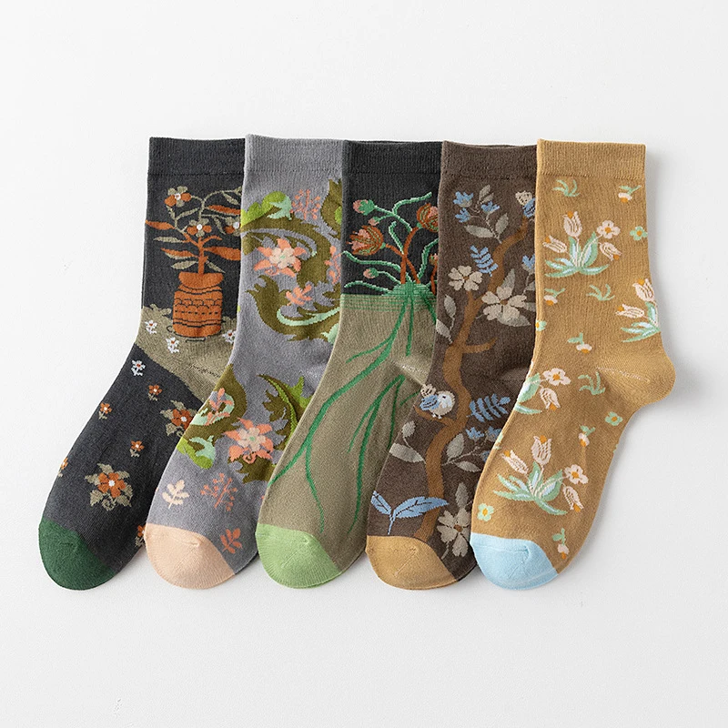 

5 Pairs Women's Socks Set French Artistic Retro Kawaii Creative Sweet Mid Tube Socks High-quality Comfortable Socks For Girl