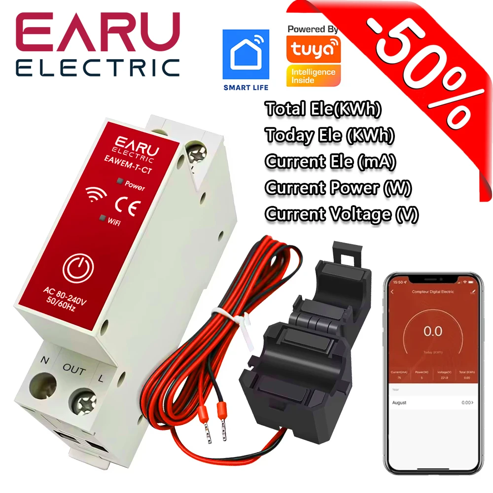 63A WiFi KWh مقياس الطاقة Tuya AC 110V 230V إحصائيات المراقبة الحالية مع مشبك CT
