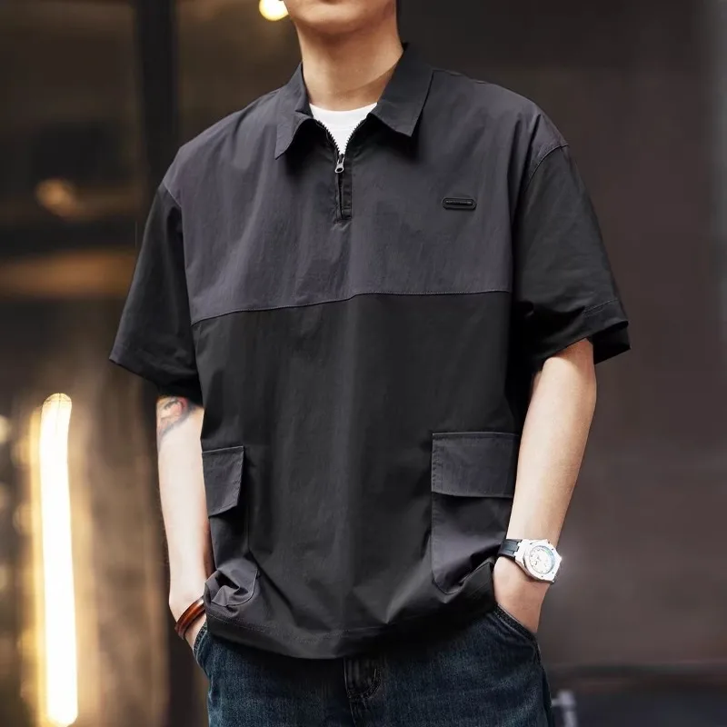 GELITAYIN Summer American Vintage Short Sleeve Polo Cargo T Shirt Men Loose Casual Polos High Street Plain Lapel Oversized Blous