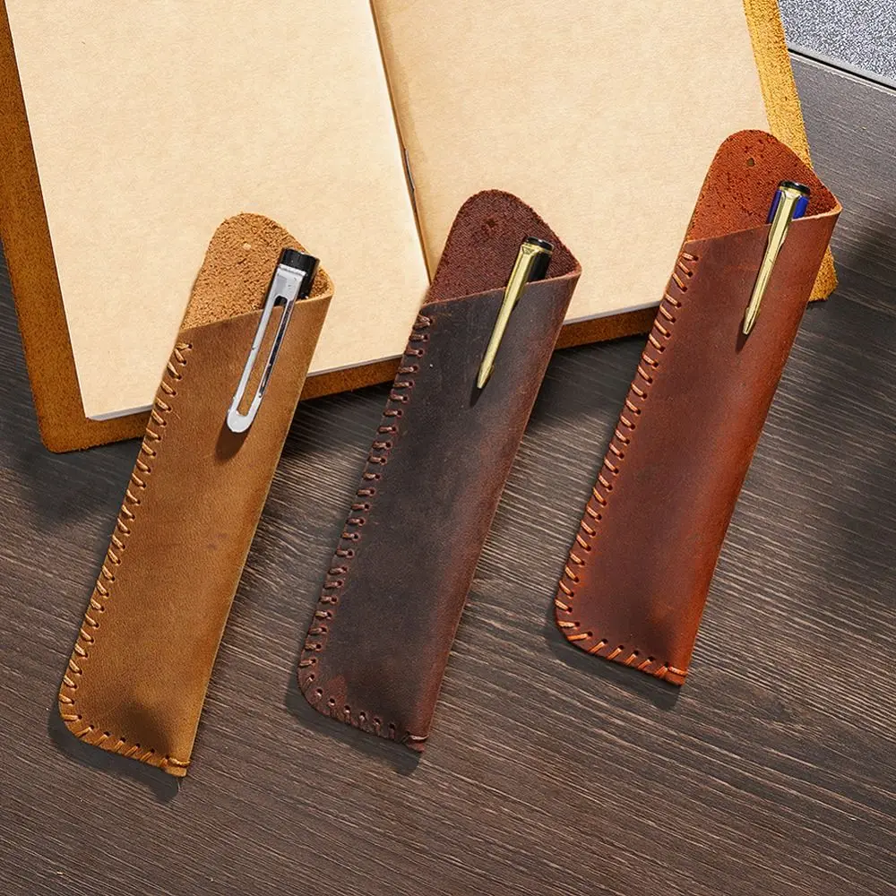 Handmade Cowhide Pencil Case Retro High-end Pencil Holder Leather Pen Bag DIY Leather Pen Sleeve Pouch Stationery