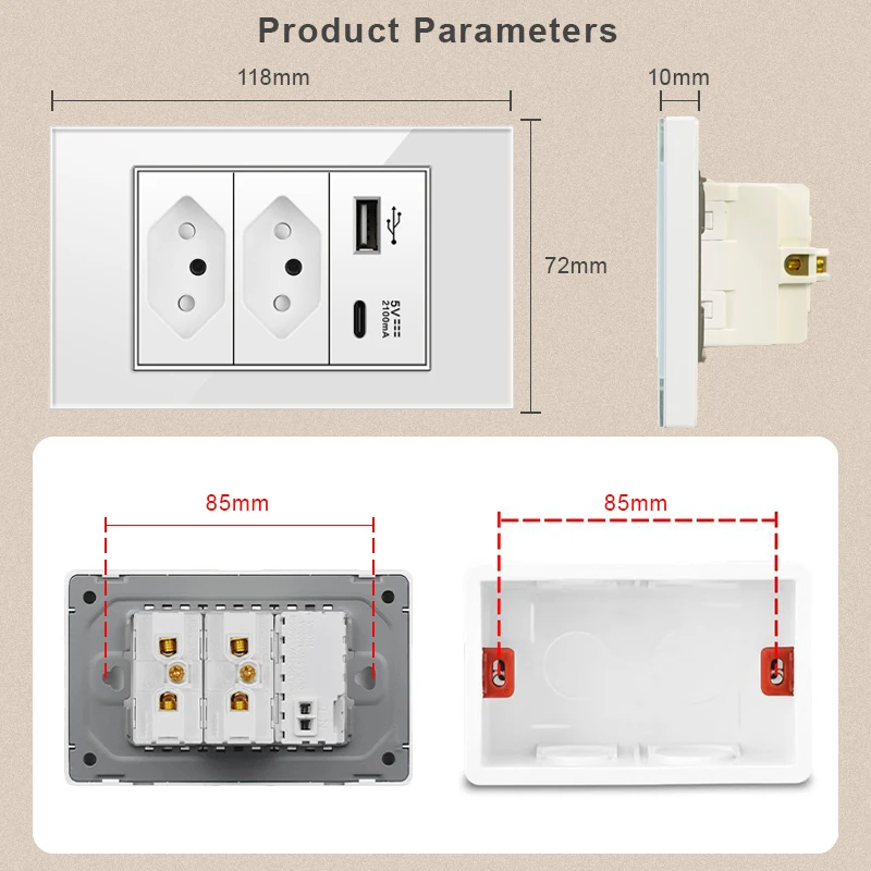 10A/20A Brazil Socket with USB Type-C 5V 2100mA, 118*72mm Tempered Glass Panel