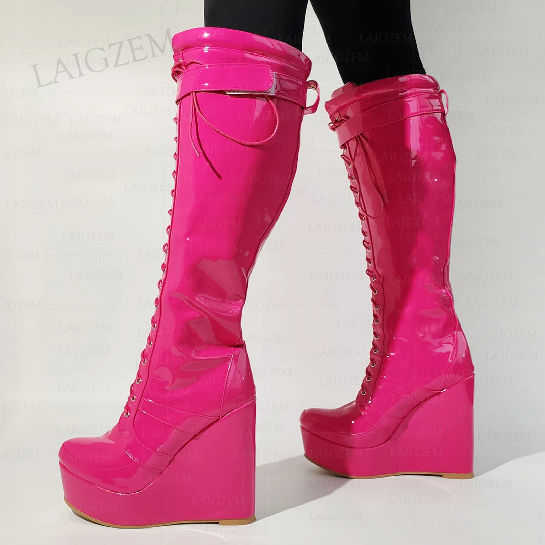 

LAIGZEM Women Knee High Boots Platform Wedges Shiny Lace Up Height Increase Tall Boots Handmade Shoes Woman Big Size 41 43 50 52