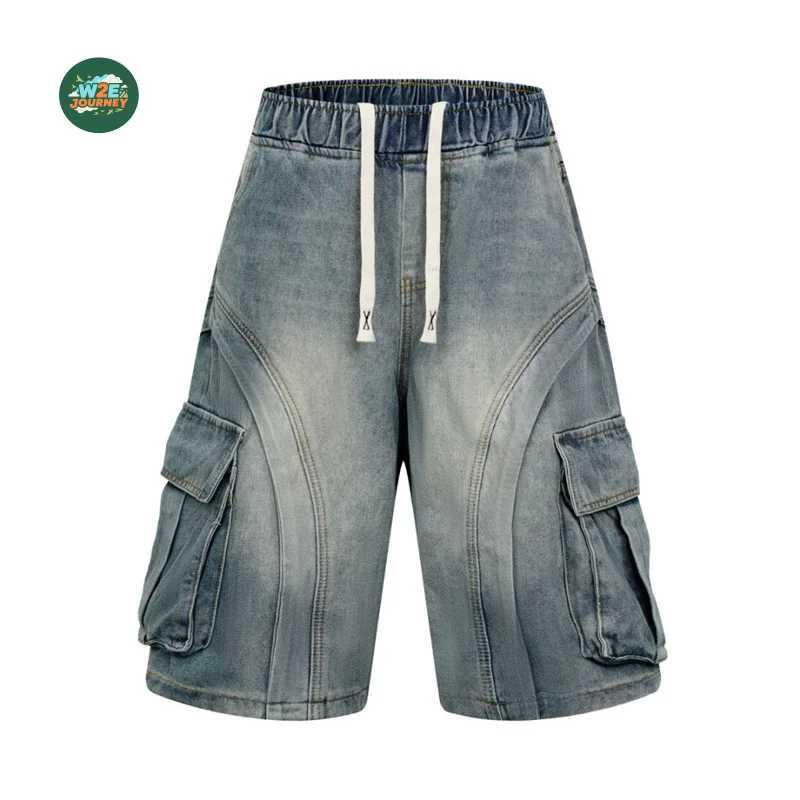

W2EJOURNEY High Quality EU US Size Summer Loose Straight Mid-Length Cargo Mens Baggy Jean Shorts Loose Fit Denim Shorts